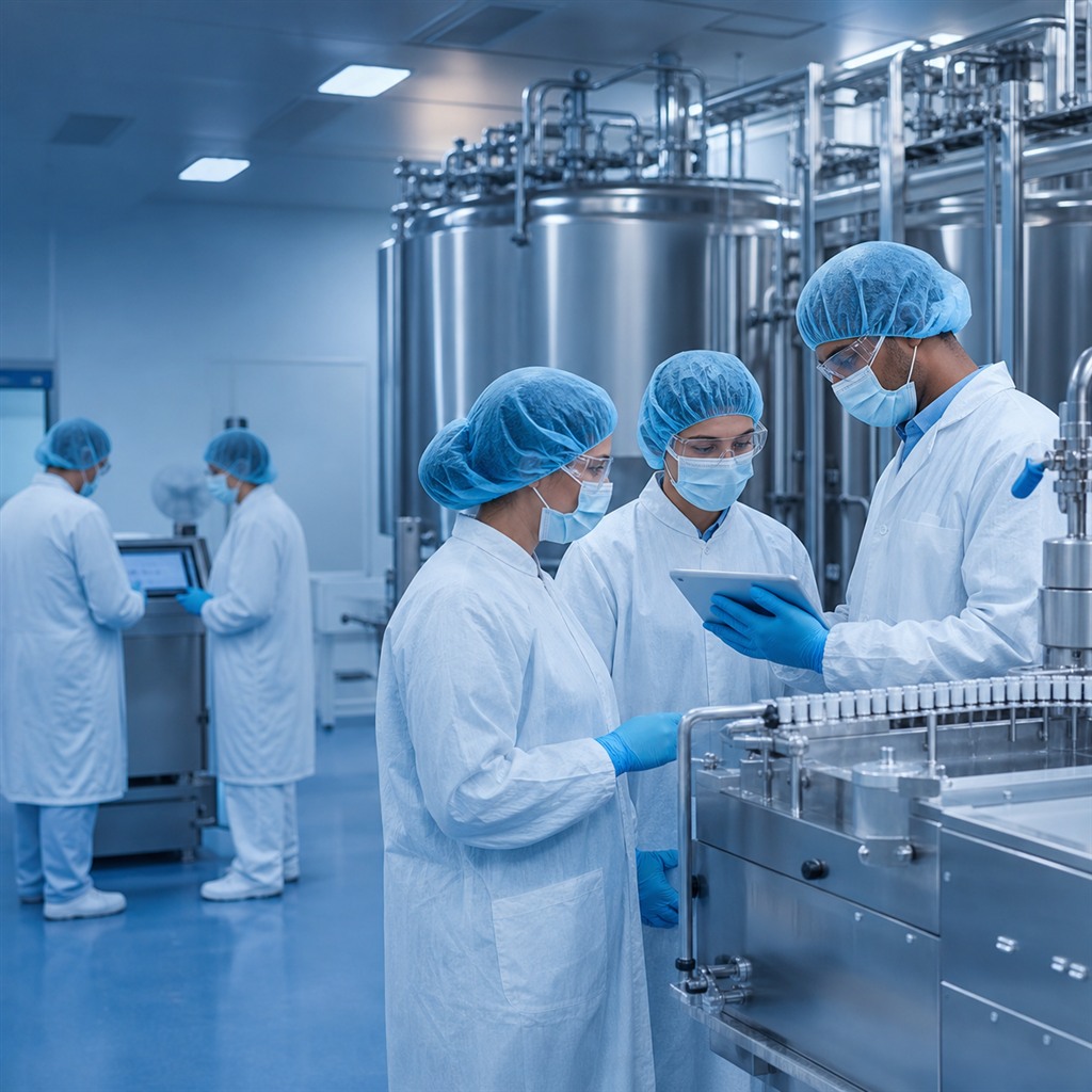 Pharmaceutical employees working in a production facility